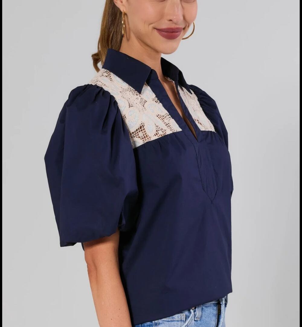 Avara Navy Crochet Lace Puff Sleeve Collared Top Medium Cotton Prairie Southern